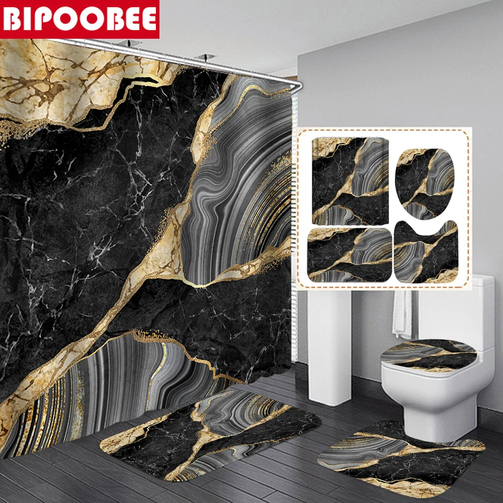 

Black Grey Marble Crack Shower Curtain Gold Texture Luxury Stone Grain Bathroom Curtains Toilet Cover and Bath Mat Non-Slip Rugs