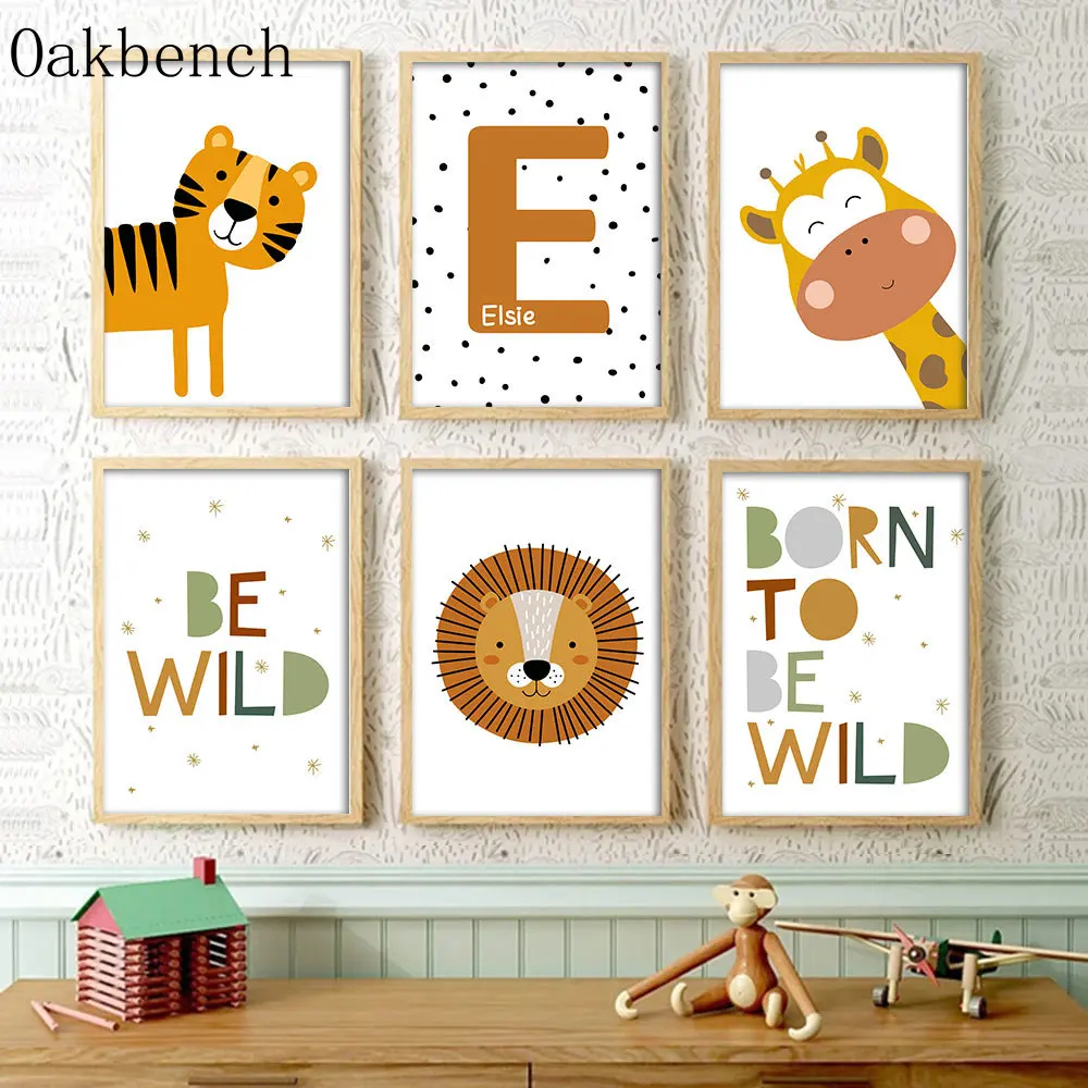 

Wild Animals Wall Art Custom Name Canvas Poster Lion Giraffe Art Prints Tiger Wall Poster Nursery Posters Kids Bedroom Decor