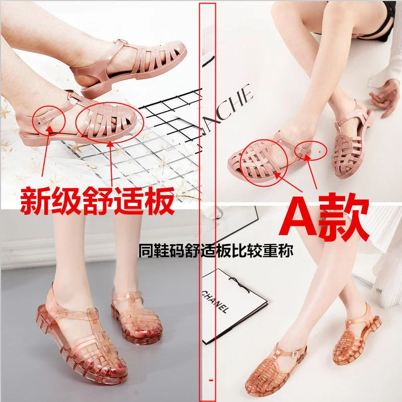 Summer Women Transparent Crystal Plastic Jelly Candy Color Sandals Female Closed Toe Flat Shoes Hollow Retro Beach Slippers