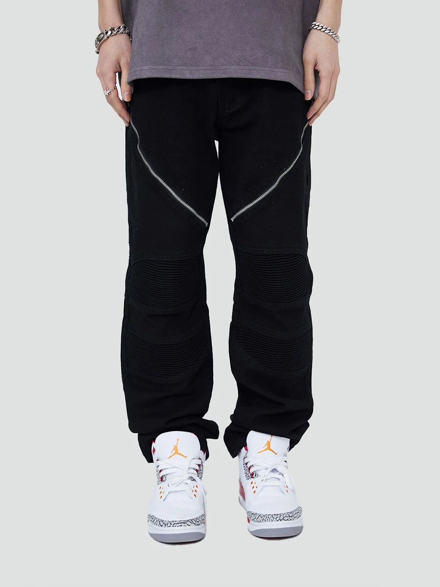 Four Seasons Men's Jeans Street Vibe Trend Zipper Pleated Design Trousers Loose Straight Jeans Men's Streetwear Men Ins Hot Sale