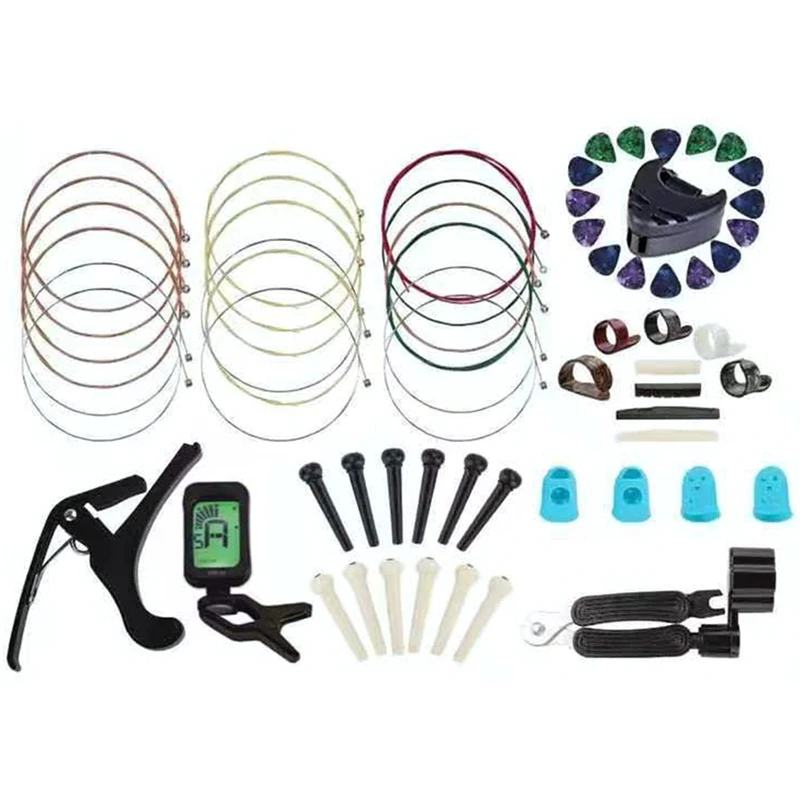 

Guitar Accessories Kit Including Strings Capo Tuner String Nails Finger Cots Cut String Winder Bridge Picks Pick Box