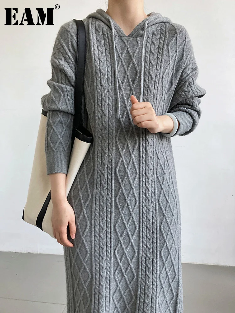 

[EAM] женское серое короткое трикотажное Длинное Элегантное платье, новинка, с капюшоном, с длинным рукавом, свободное, модное, весна-осень 2023 ...