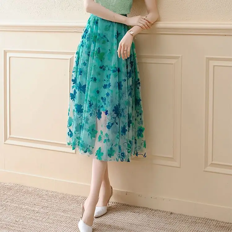 

Юбка средней длины с цветочным рисунком, модные элегантные плиссированные флокированные женские юбки, весна-лето-осень, Женская юбка с высокой талией