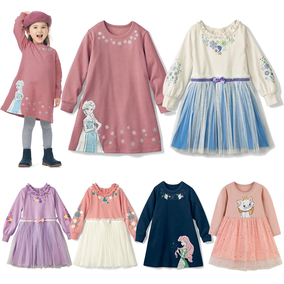 

Disney Princess Girls Dresses Frozen Elsa Mermaid Ariel Cartoon Print Long Sleeve Autumn Spring Cotton Children's Costume Dress