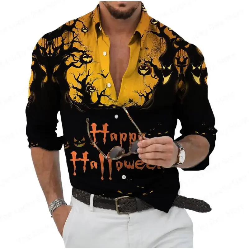 

Halloween Pumpkin Ghost Men's Shirt Hawaiian Fashion Luxury Long Sleeve Casual Social Vintage Vacation Oversized Skull Clothing