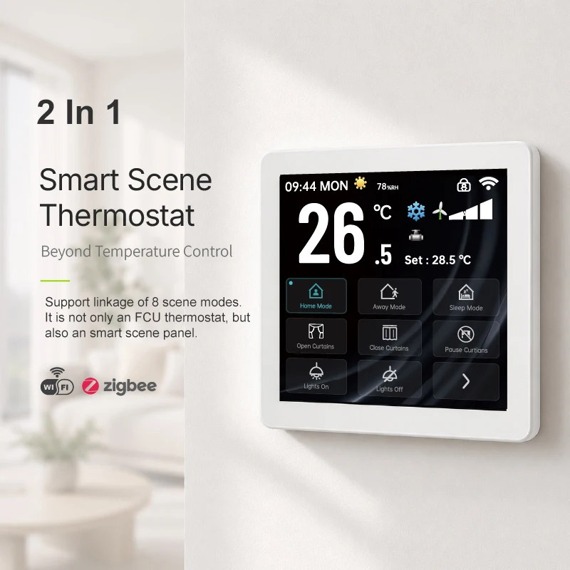 Фото Термостат для кондиционера 2-в-1 WiFi/Zigbee FCU/Fan Coil с сенсорным экраном, переключателем сцен и дистанционным управлением Tuya Smart Life №2