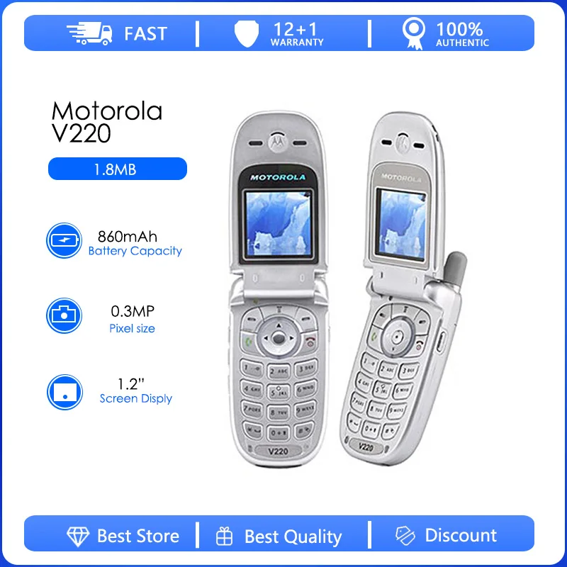 

Motorola V220 Refurbished-Original Unlocked Flip 128x128 pixels 860mAh mobile phone one year warranty free shipping