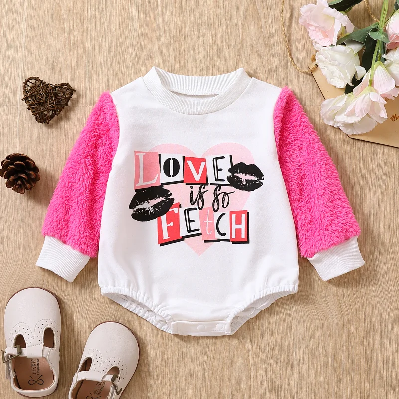 

Fashion Newborn Baby Girls Valentine's Day Rompers 0-18M Letter Print Patchwork Fur Long Sleeve O-neck Sweatshirts Jumpsuits