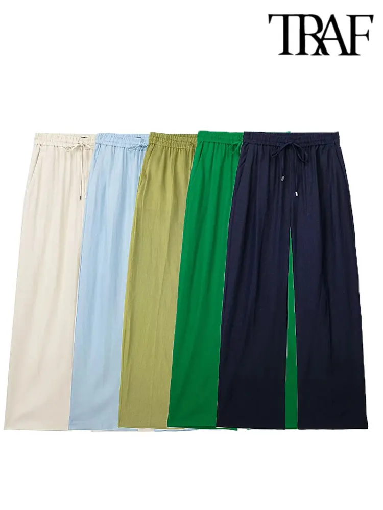 Брюки женские тонкие льняные на шнуровке с высокой талией и боковыми карманами