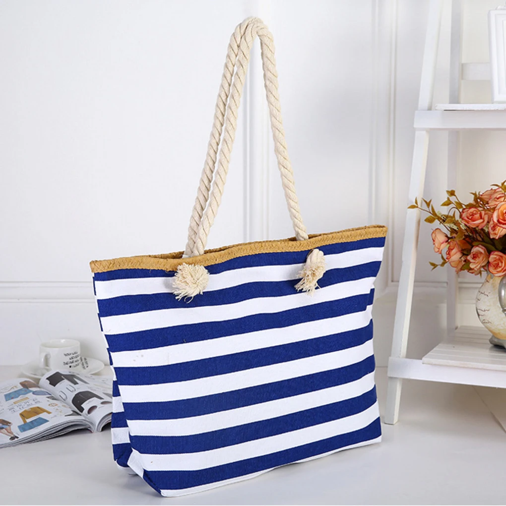 Woman Girl Travel Navy Blue Stripe Canvas Beach Tote Shoulder Bag with Inner Zipper Rope Handle