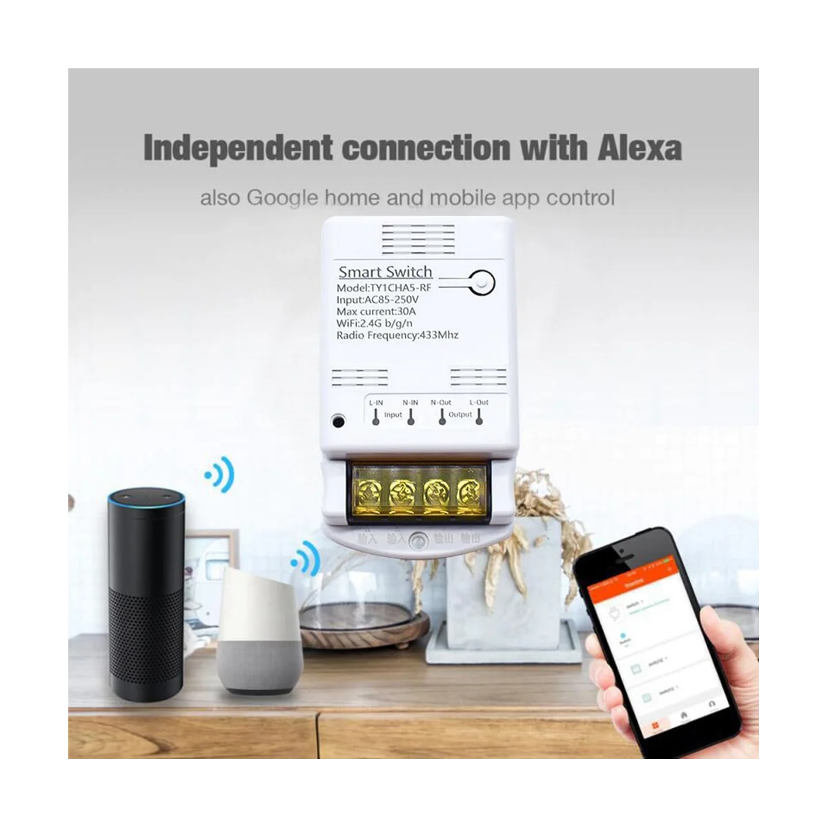 Смарт-переключатель Tuya Wi-Fi 30 А 85-250 В 433 МГц