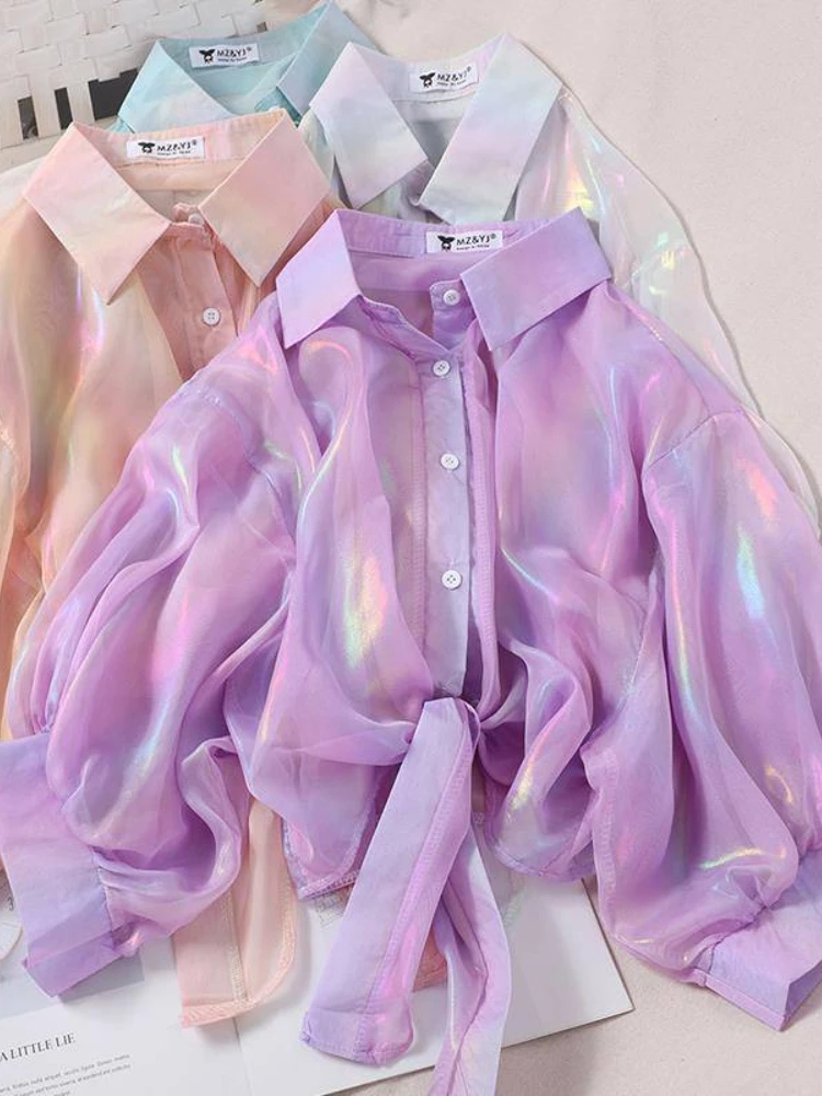 

2022 New Summer Women's Sunscreen Coat Fashion Rainbow Bright Sweet Sunscreen Joker Refreshing Women's Cardigan Chiffon Shirt