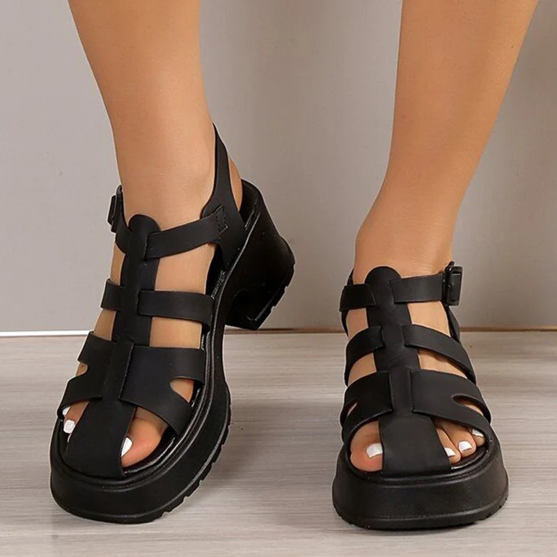 

Lucyever Ankle Buckle Platform Rome Sandals Women 2023 Summer Pu Leather Thick Sole Sandalias Woman Korean Closed Toe Sandals