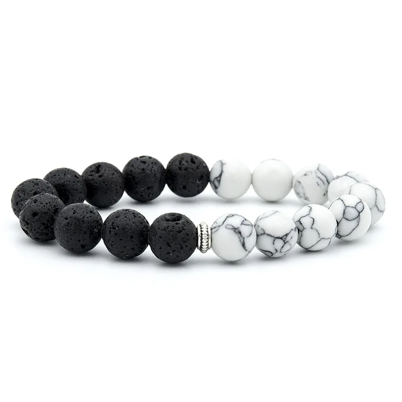 

8-10mm Charm Bracelet Natural Stone Beads black White Volcanic Lava Beads Elastic Bracelets Men Amulet Jewelry pulsera hombre