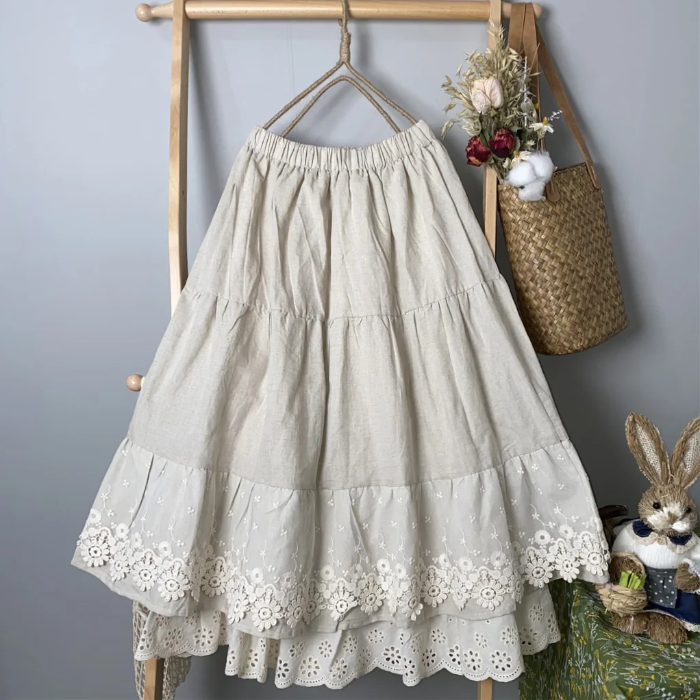 

Cotton Linen Female Sweet Lolita Flower Embroidery Lace Half Circle Tea Length Swing Skirts Lady Vintage Prairie Chic Long Dress