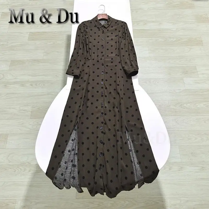 

Женское винтажное платье-рубашка Mu & Du, летнее однобортное платье макси в горошек с длинным рукавом и разрезом, модель 2023 года