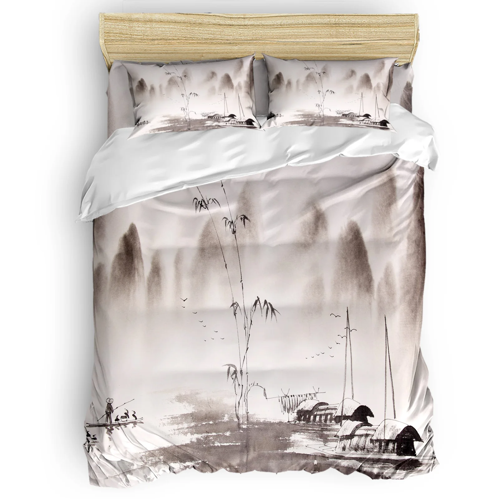 

Удобные товары для дома, роскошный пододеяльник для кровати и спальни с рисунком пейзажа чернилами, 2/3/4 шт.