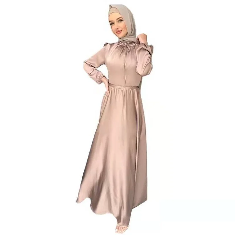 Ramadan Solid Color Maxi Dress Elegant New Soft Satin Robe Ropa De Mujer Envio Gratis Muslim Dubai Abaya Woman  Caftan Marocain