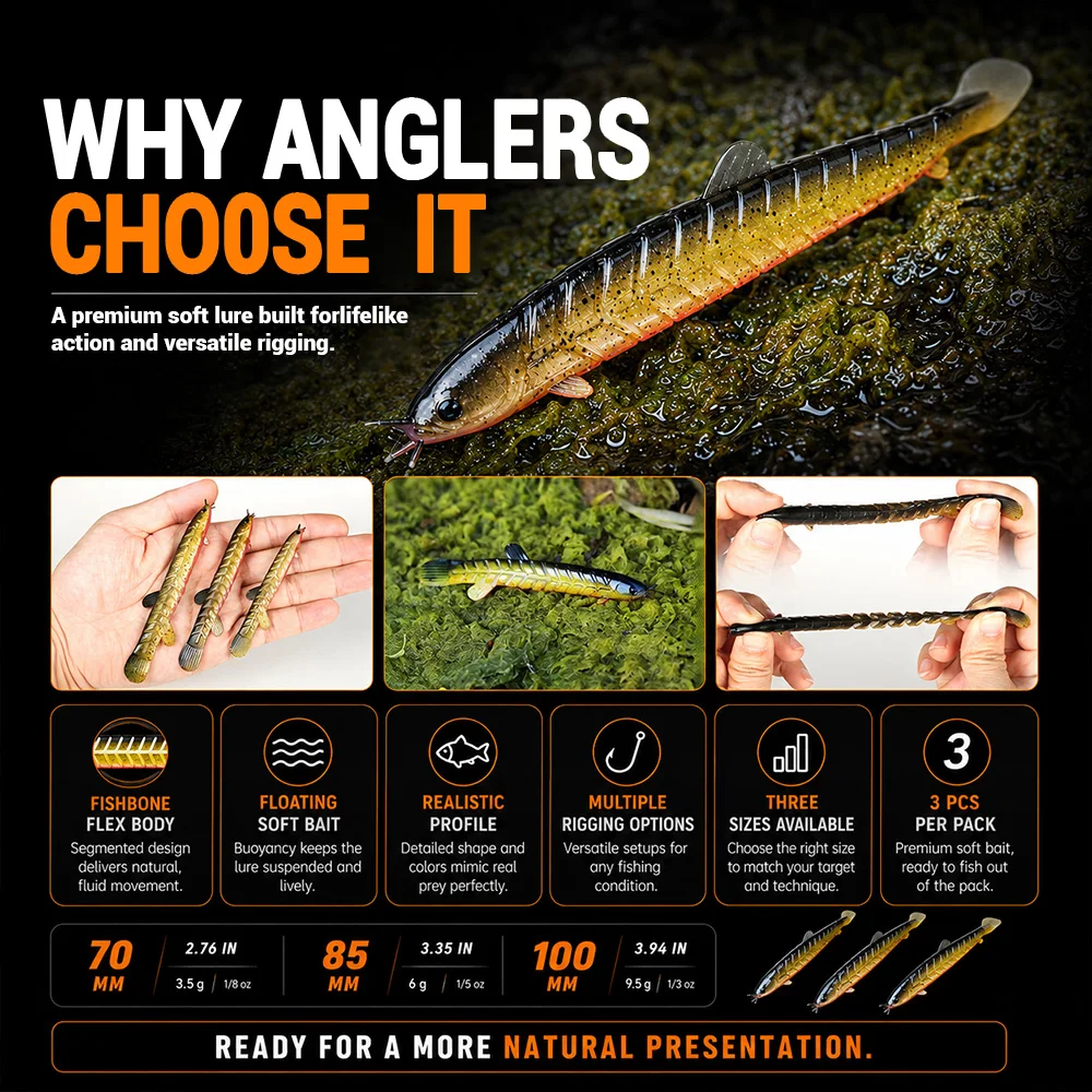 Фото Мягкая сегментированная приманка ZUKIBO Articulated Floating Soft Lure (3 шт.) для ловли баса, форели, окуня в пресноводной рыбалке №2
