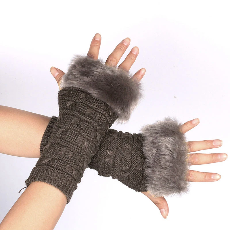 

Women Elastic Knitting Gloves Fake Fur Arm Warmers Winter Warm Cycling Mitten Fashionable Solid Color Decorative Sleeves