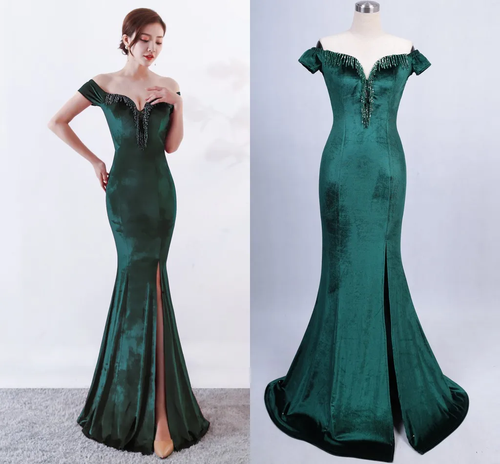 

Women's Evening Dress Sexy Host Fishtail Skirt Long Velvet Slim Fit Dignified atmosphere prom gowns robe vert émeraude