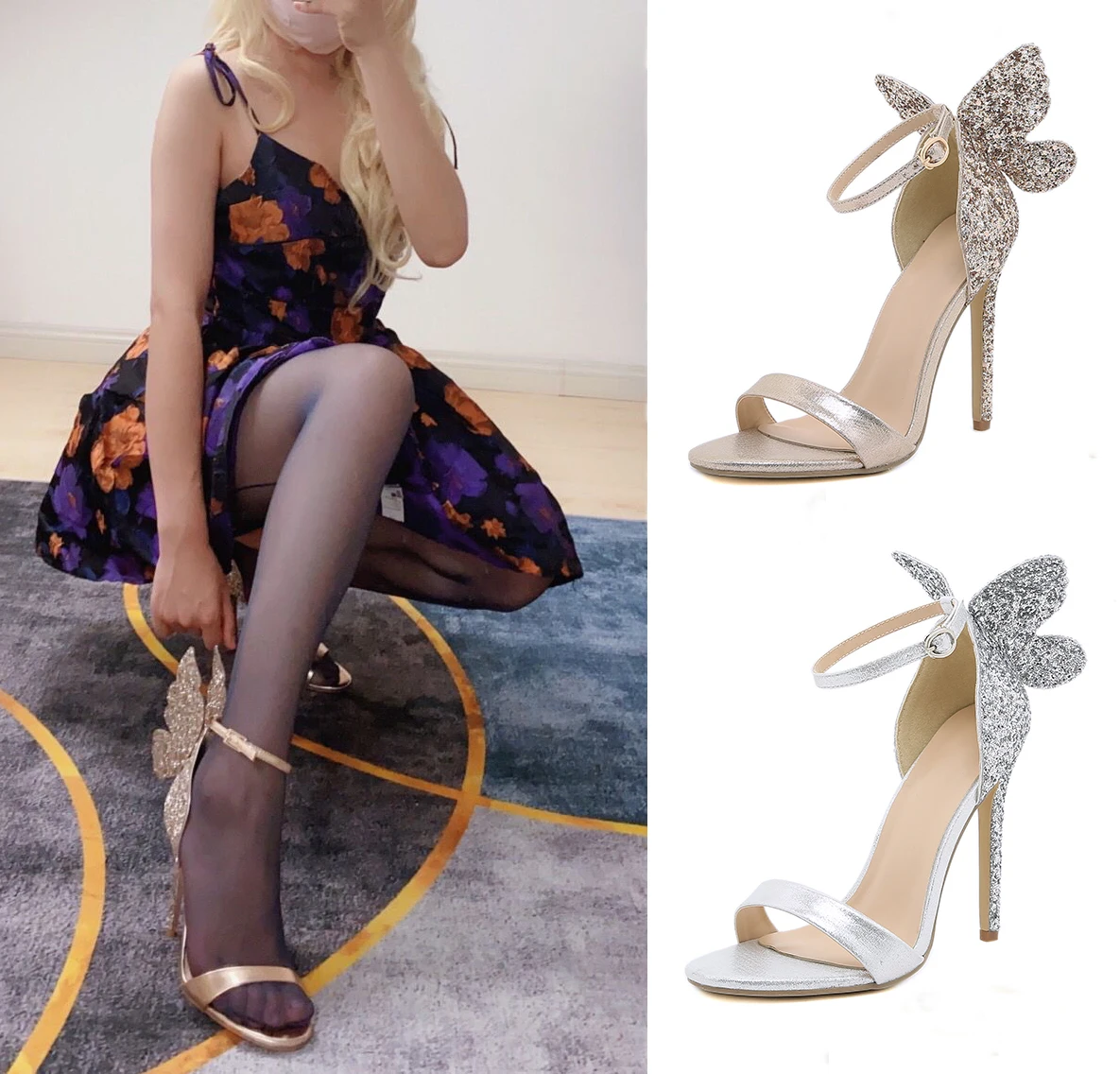 2022 nuovi sandali a farfalla in argento dorato scarpe da sposa in Paillette con paillettes scarpe da donna con cinturino con fibbia tacco alto sottile