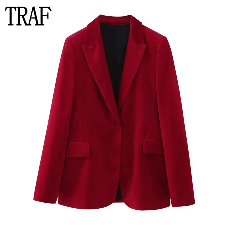 

TRAF Red Velvet Blazer Woman Office Wear Blazer Women Long Sleeve Buttons Jackets for Women 2023 Winter Streetwear Female Blazer
