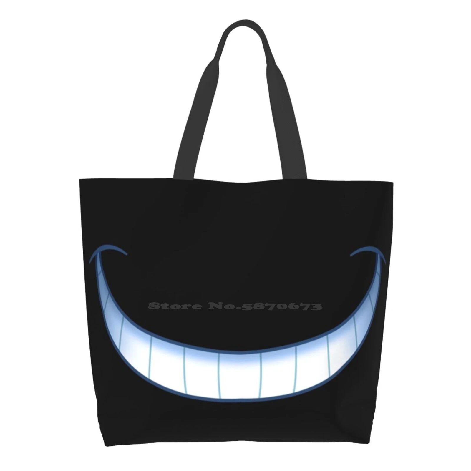 

Smiling In The Dark - Disappearing Cheshire Cat Reusable Shopping Bag Tote Large Size Black Magic Smile Teeth Cat Dark White