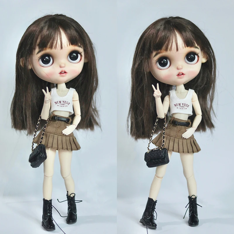 Фото Новое поступление, Одежда для куклы Blythe, футболка с принтом, жилет и джинсовая юбка с поясом для Blyth Licca OB24, одежда, аксессуары для кукол №5