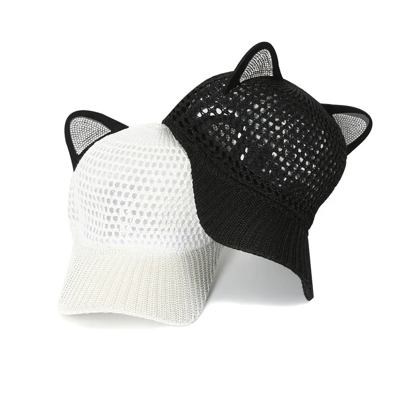 

2022 Sunscreen Duck Tongue Hat Hollowed Out Mesh Sunshade Hat Cat Ear Diamond Inlaid Extended Brim Summer Lattice Baseball Cap