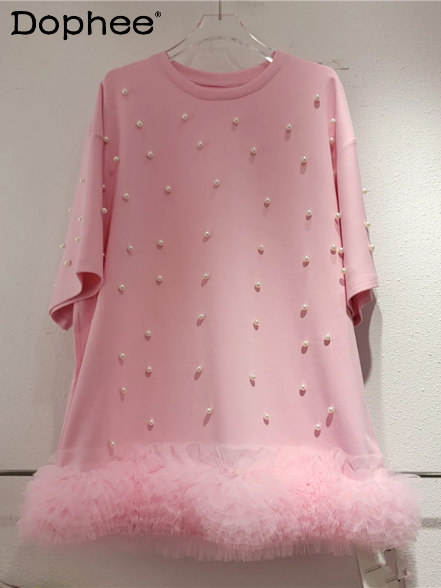 

Korean Heavy Industry Beads Sweet Pink Mesh Patchwork Short-Sleeve T-shirt Dress Women Summer New Loose Oversized T Shirt Dress