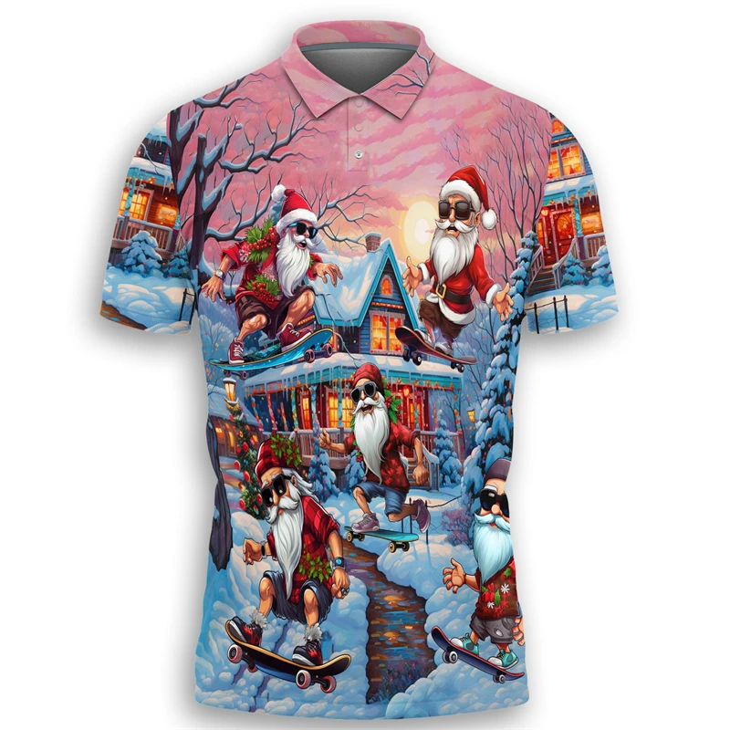 Модная рубашка-поло с 3D принтом Санта-Клауса Мужская Уличная одежда в стиле