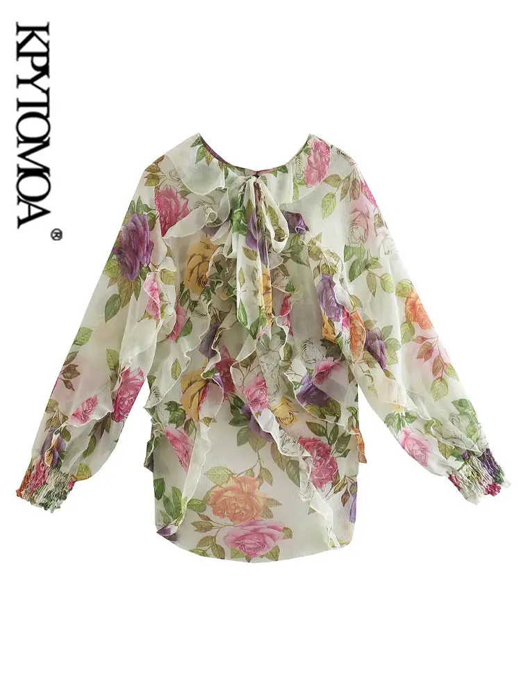 

KPYTOMOA Women Fashion Ruffled Floral Print Semi-sheer Shirts Vintage High Neck With Bow Long Sleeve Female Blouses Chic Tops