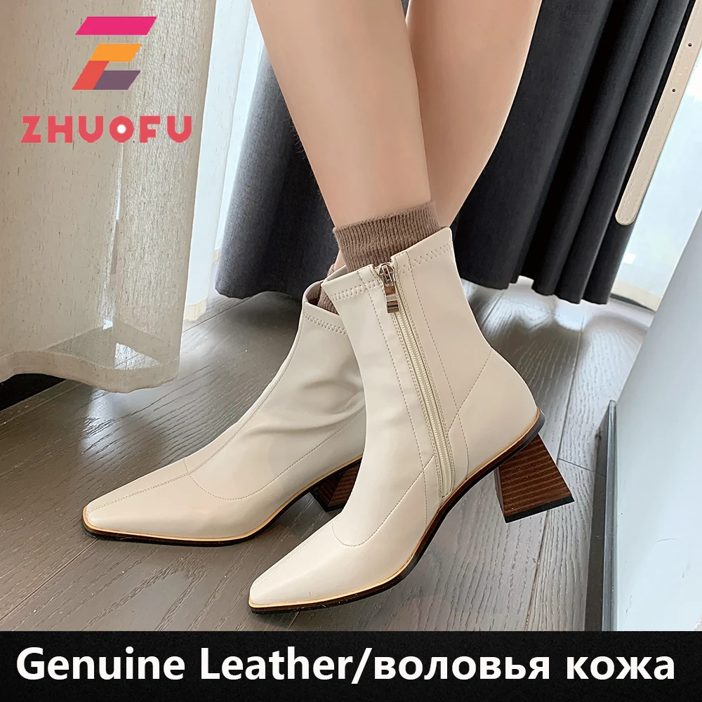

ZHUOFU 2023 женские ботильоны с острым носком, эластичные ботинки, обувь на высоком каблуке, сезон осень-зима, бежевые, черные ботинки, модная обу...