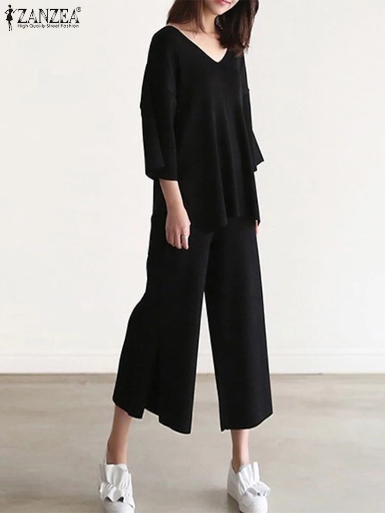 ZANZEA Женская повседневная блузка с v-образным вырезом и широкие брюки свободный