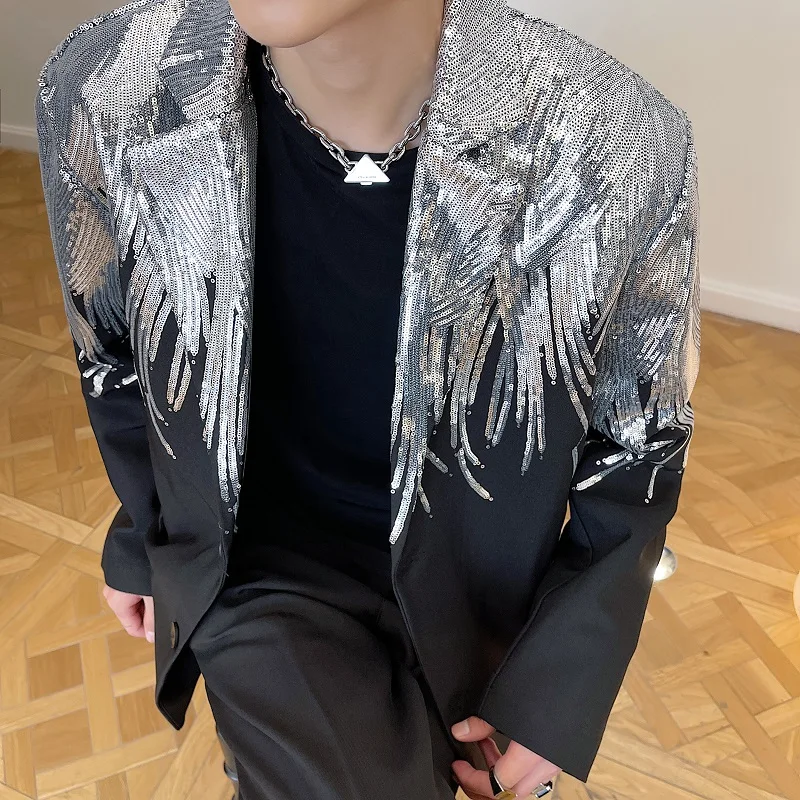 Luxury Silver Sequin Glitter Blazer Jacket Men Lapel Collar Nightclub Stage Singers Custmes Male Spring Autumn Suit Clothes