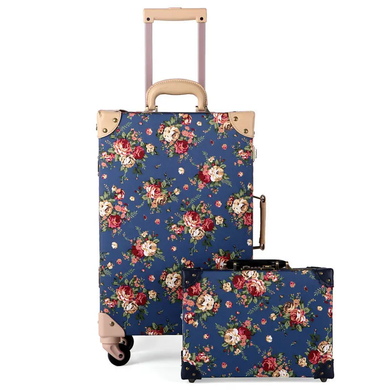 Women's Vintage Printed Travel Suitcase Floral Pattern Composite Waterproof Cloth Luggage Universal Wheel Trolley Luggage