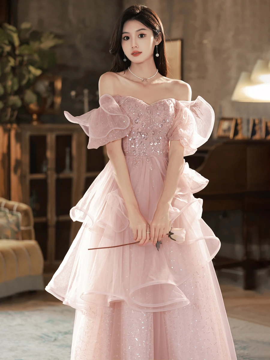 Nagodo  2023 New In High-end Luxury Pink Off Shoulder Evening Long DressesWomen Strapless Shiny Mesh Tulle Party Prom Dresses