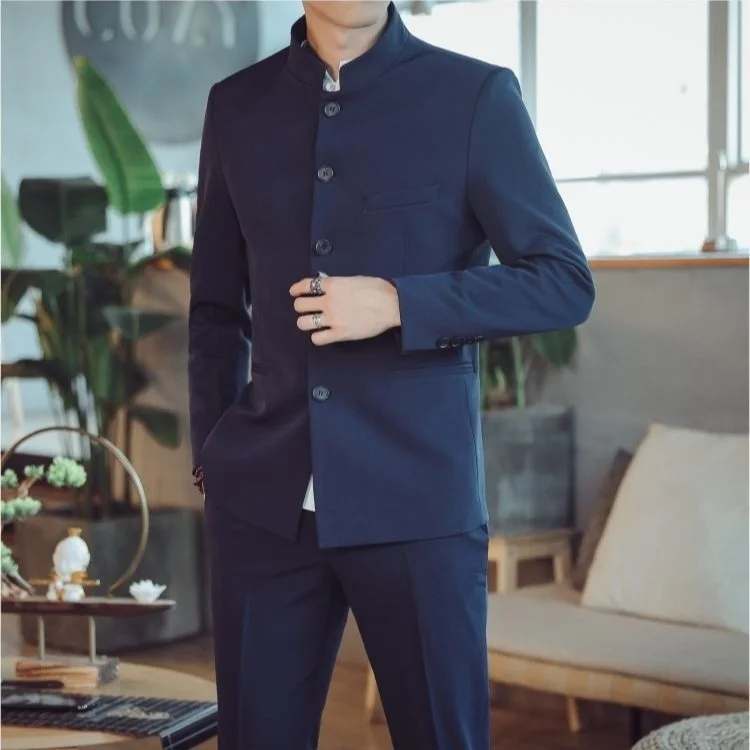

Молодежный синий костюм из двух предметов, Блестящий Свадебный костюм, новейший дизайн брюк, мужская деловая одежда, облегающие костюмы