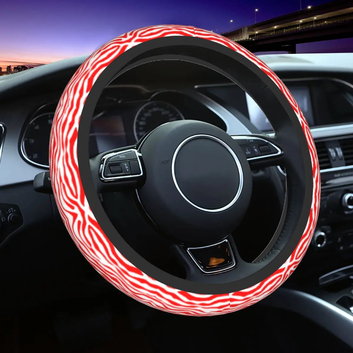 

38cm Car Steering Wheel Cover Red And White Zebra Stripes Universal Skin Animal Car-styling Suitable Car Accessories