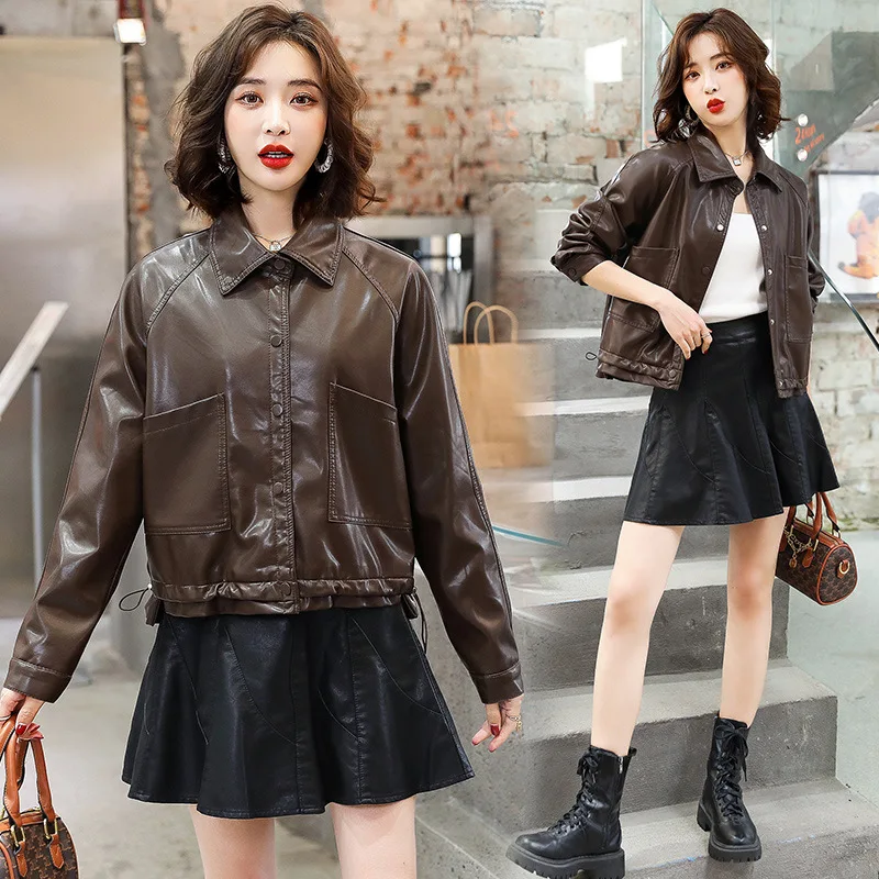 KoHuiJoo Green Short Leather Coat Women Korean 2022 Spring Autumn Fashion Popular PU Leather Jacket Loose Drawstring Pocket
