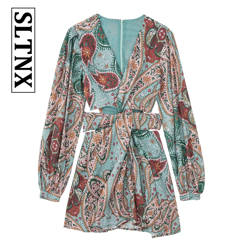 

SLTNX Summer Dresses Woman 2022 Chiffon Loose Print V-Neck Dress Woman Hollow Out Sexy Dress Female Elegant Party Dresses