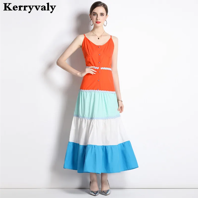 

National Style Contrast Patchwork Slip Long Maxi Dresses Women 2023 High Waist Swing A-line Beach Holiday Strapless Dress K5011