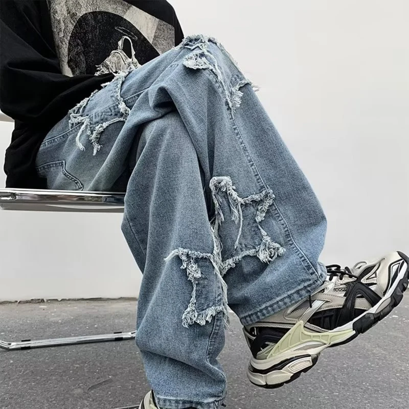 

2023 New Fashion Stars Towel Embroidered Brown Baggy Men's Jeans Y2k Clothes Straight Hip Hop Cotton Pantalon Homme