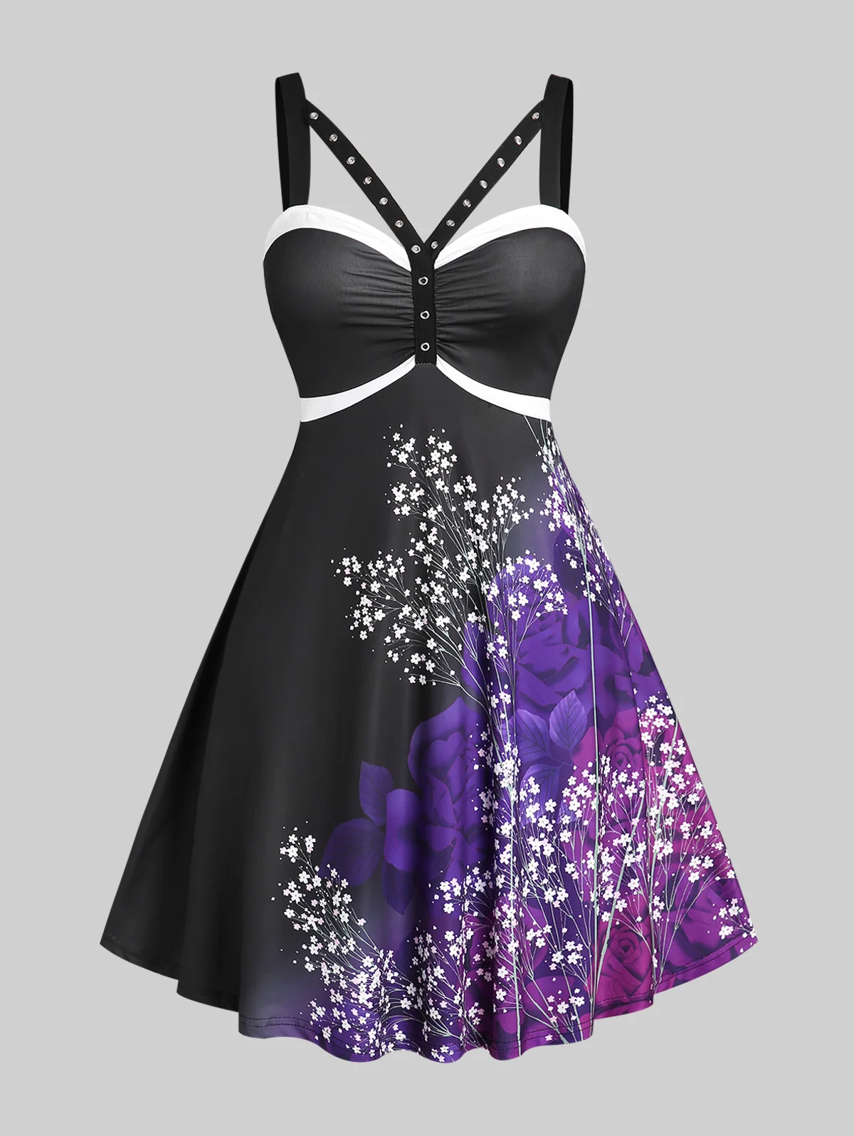 

ROSEGAL Gothic Floral Harness A Line Dress Summer Women High Waist Sleeveless Colorblock Sweetheart Neck Backless Dress Black