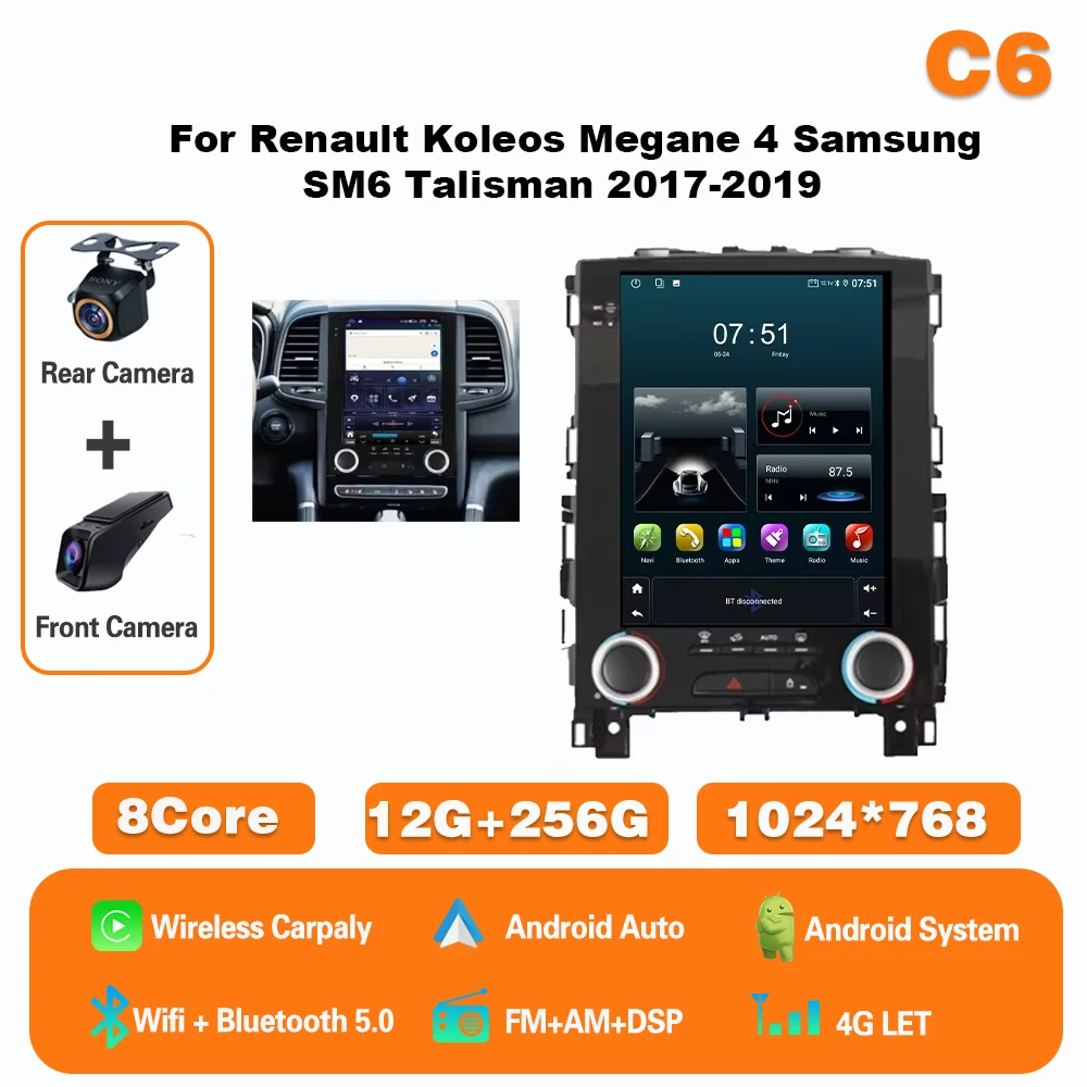 

Автомобильное радио Android 15 для Renault Koleos Megane 4 Samsung SM6 Talisman 2017-2019 Мультимедийный плеер Carplay Навигация GPS авто