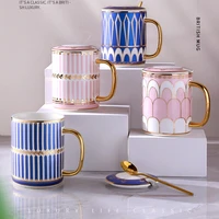 blue and gold bone china coffee cup with spoon european style creative ceramic mugs afternoon tea milk cup birthday gifts