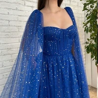 royal blue a line sparkly stars tulle prom dress sweetheart with long cape sleeves evening gowns party