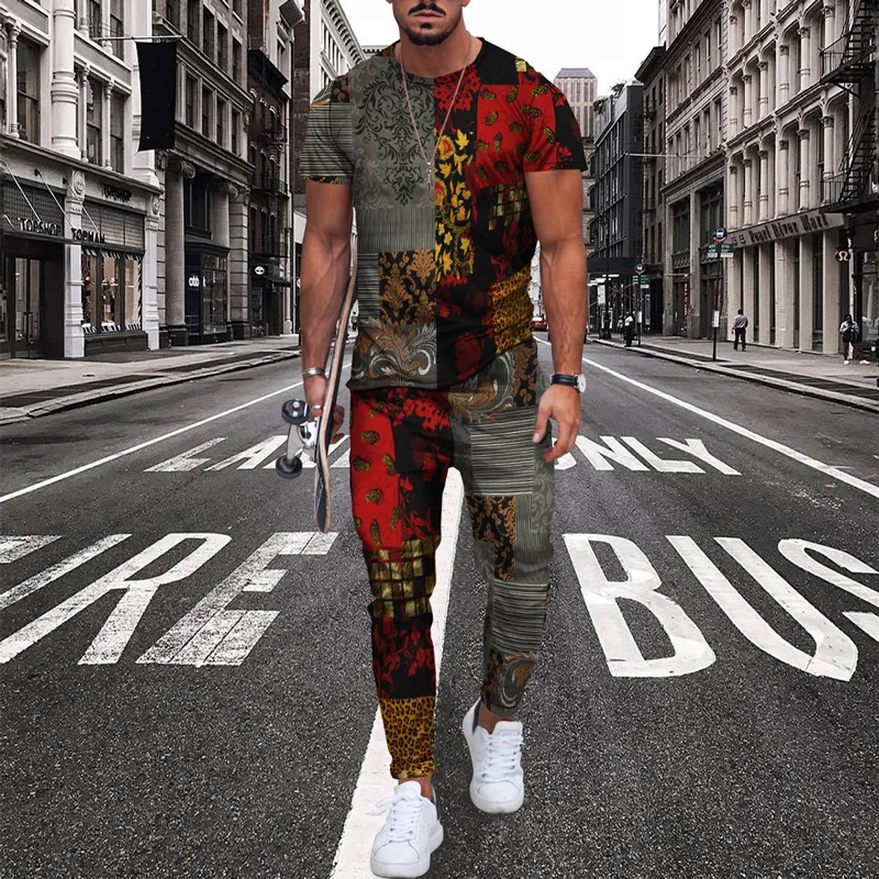 

Summer Men Tracksuit joggers Vintage Pattern 3d Print T-shirt Men's luxury tracksuit Sports Short Sleeve Tshirt+pants 2 Pcs Sets