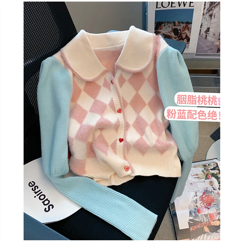 

Winter Women's Clothing Pink Plaid Sweater Lazy Loose Retro Blue Stitching Doll Collar Single-breasted Cardigan Knitting Top